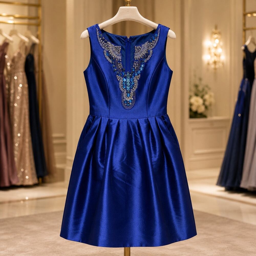A. Drea Royal Blue Satin Beaded Rhinestone Fit Flare Dress Large NWT Cocktail